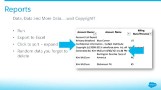•  Run
•  Export to Excel
•  Click to sort – expand all
•  Random data you forgot to
delete
Data, Data and More Data…..wait Copyright?
Reports
 