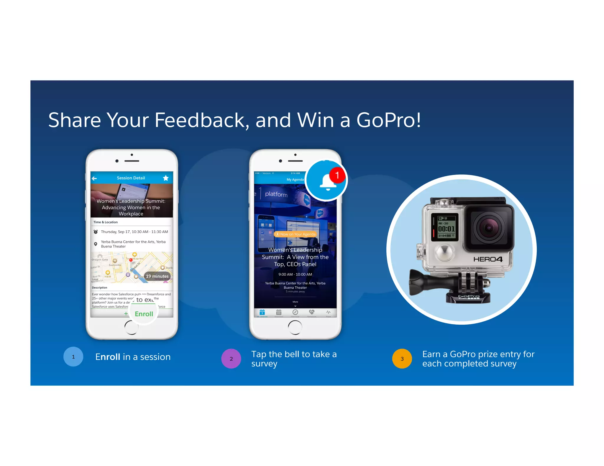 Share Your Feedback, and Win a GoPro!
3
Earn a GoPro prize entry for
each completed survey
Tap the bell to take a
survey
2Enroll in a session1
 