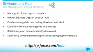 •  Manage all of your orgs in one place
•  Partner Business Org can be your “hub”
•  Create new orgs (demos, testing, development, etc.)
•  Custom Views help you organize and manage
•  Related orgs can be automatically discovered
•  Seamlessly switch between orgs without adding login credentials
Environment Hub
Org Management for ISV & SI Partners
http://p.force.com/hub
 