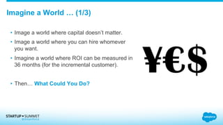 Imagine a World … (1/3)
•  Image a world where capital doesn’t matter.
•  Image a world where you can hire whomever
you want.
•  Imagine a world where ROI can be measured in
36 months (for the incremental customer).
•  Then… What Could You Do?
 