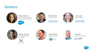 Speakers
3
Melissa Burnell
Senior Regional Manager,
ISV & Channel Alliances
Matt Holleran
General Partner
Judy Loehr
Venture Partner
Blakely Graham
Product Design and
co-founder
Rupert Mayer
CEO and founder
Ray Hein
CEO and co-founder
 