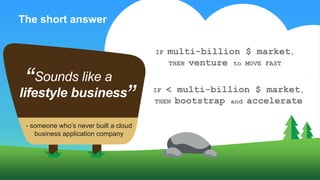5
IF multi-billion $ market,
THEN venture to MOVE FAST
IF < multi-billion $ market,
THEN bootstrap and accelerate
The short answer
- someone who’s never built a cloud
business application company
Sounds like a
lifestyle business
“
”
 
