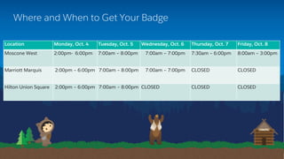 Where and When to Get Your Badge
Location Monday, Oct. 4 Tuesday, Oct. 5 Wednesday, Oct. 6 Thursday, Oct. 7 Friday, Oct. 8
Moscone West 2:00pm- 6:00pm 7:00am – 8:00pm 7:00am – 7:00pm 7:30am – 6:00pm 8:00am – 3:00pm
Marriott Marquis 2:00pm – 6:00pm 7:00am – 8:00pm 7:00am – 7:00pm CLOSED CLOSED
Hilton Union Square 2:00pm – 6:00pm 7:00am – 8:00pm CLOSED CLOSED CLOSED
 