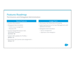 Features Roadmap
•  Custom Permissions
•  Delegated Administration
•  Public Group management
•  Metadata API
•  Session-based Permission Sets
(Developer Preview) –
Summer ’16
•  Sobject API updates for Proﬁles –
Winter ‘17
•  Permission Set License auto-assignment –
Winter ‘17
•  Permission Set Hierarchy or Grouping
•  Lightning Experience for User Management with
Salesforce Einstein
•  Delegated Administration
•  Queue management
•  Application level delegation
​ Permissions and Delegated Administration
Recent Features Longer Term
 