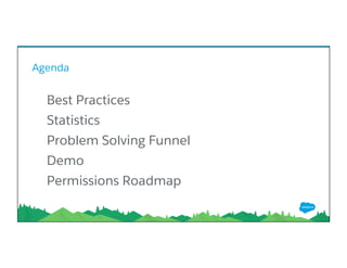 Agenda
​  Best Practices
​  Statistics
​  Problem Solving Funnel
​  Demo
​  Permissions Roadmap
​   
 