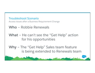 Troubleshoot Scenario
​ Who – Robbie Renewals
​ What – He can’t see the “Get Help” action
for his opportunities
​ Why – The “Get Help” Sales team feature
is being extended to Renewals team
​ 
​ Access issues after a Business Requirement Change
 