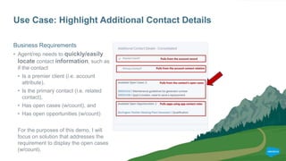 Use Case: Highlight Additional Contact Details
Business Requirements
• Agent/rep needs to quickly/easily
locate contact information, such as
if the contact
• Is a premier client (i.e. account
attribute),
• Is the primary contact (i.e. related
contact),
• Has open cases (w/count), and
• Has open opportunities (w/count)
For the purposes of this demo, I will
focus on solution that addresses the
requirement to display the open cases
(w/count).
 
