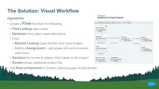 The Solution: Visual Workflow
Ingredients
• Create a Flow that does the following:
• Fast Lookup open cases
• Decision if any open cases were found
• Loop:
• Record Lookup Case Number and Case Subject
• Perform Assignment – add screen info and increment
case count
• Decision for screen to display (Has Cases or No Cases)
• Screen shows additional contact info
• Add flow component to Contact Lightning page via App Builder
 