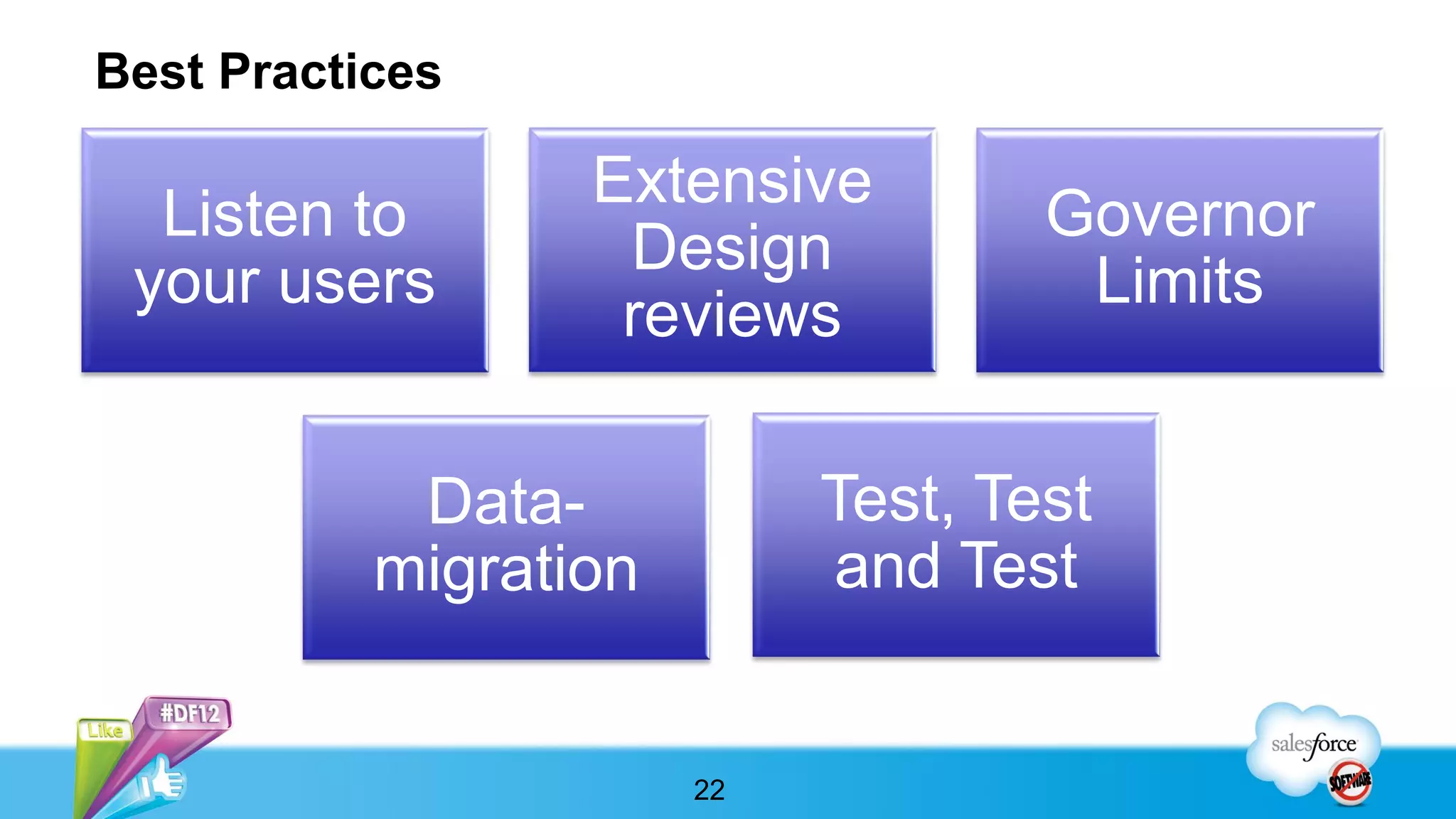Best Practices

                  Extensive
  Listen to                         Governor
                   Design
 your users                          Limits
                   reviews

            Data-           Test, Test
           migration        and Test


                       22
 