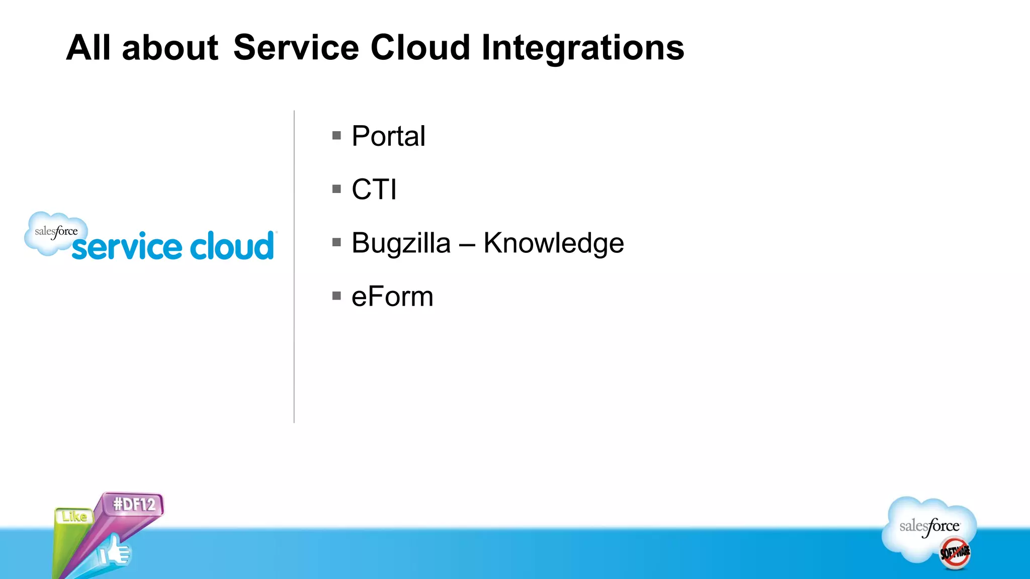 All about Service Cloud Integrations
 Portal
 CTI
 Bugzilla – Knowledge
 eForm
 