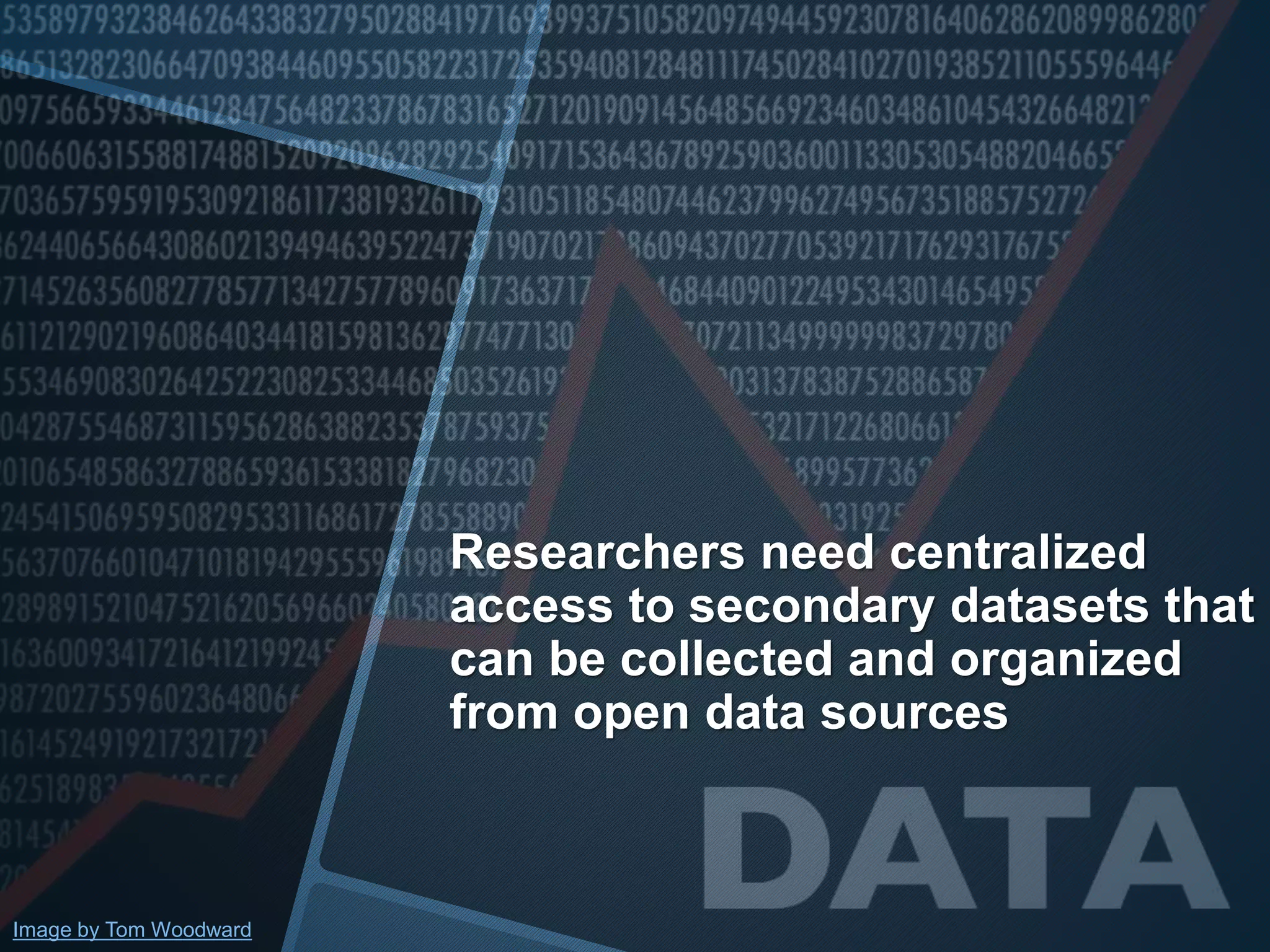 Researchers need centralized 
access to secondary datasets that 
can be collected and organized 
from open data sources 
Image by Tom Woodward 
 
