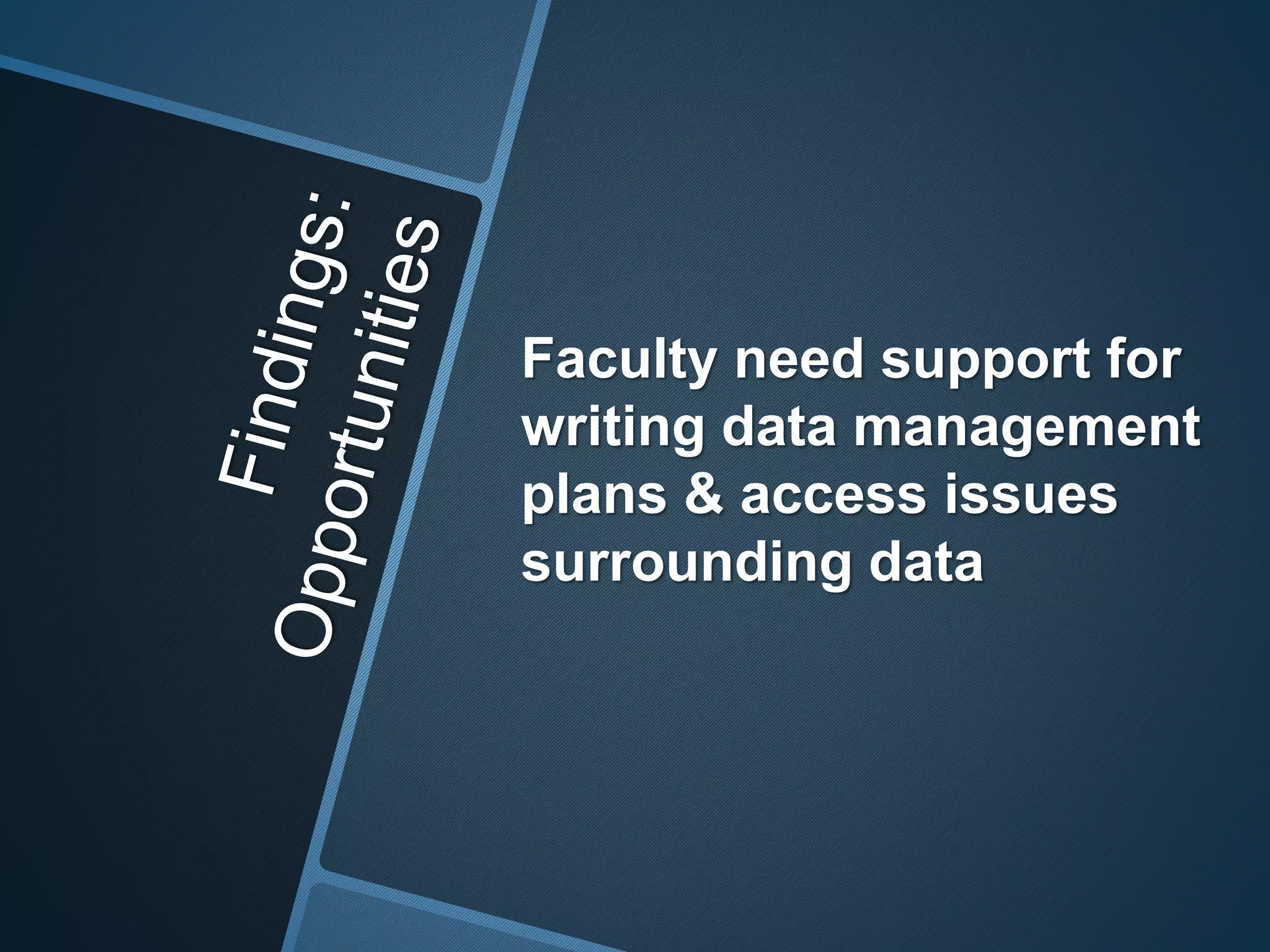 Faculty need support for 
writing data management 
plans & access issues 
surrounding data 
 