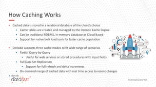 #DenodoDataFest
How Caching Works
▪ Cached data is stored in a relational database of the client’s choice
▪ Cache tables are created and managed by the Denodo Cache Engine
▪ Can be traditional RDBMS, in-memory database or Cloud Based
▪ Support for native bulk load tools for faster cache population
▪ Denodo supports three cache modes to fit wide range of scenarios
▪ Partial Query-by-Query
▪ Useful for web services or stored procedures with input fields
▪ Full Data Set Replication
▪ Support for full refresh and delta increments
▪ On-demand merge of cached data with real time access to recent changes
10
 
