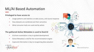 #DenodoDataFest
ML/AI Based Automation
Privileged to have access to
▪ Usage patterns and statistics on data access, and source response
▪ How datasets are combined and their semantics
▪ What consumer tools are used and by whom
The gathered Active Metadata is used to feed AI
▪ AI driven automation is key to guided development
▪ Active Metadata is vital for the recommendation engine
▪ Captured information is key to recognizing data valuation
 
