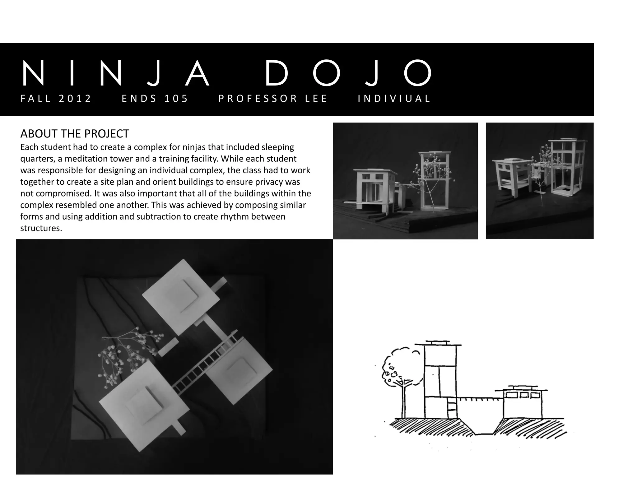 N I N J A D O J O
ABOUT THE PROJECT
Each student had to create a complex for ninjas that included sleeping
quarters, a meditation tower and a training facility. While each student
was responsible for designing an individual complex, the class had to work
together to create a site plan and orient buildings to ensure privacy was
not compromised. It was also important that all of the buildings within the
complex resembled one another. This was achieved by composing similar
forms and using addition and subtraction to create rhythm between
structures.
F A L L 2 0 1 2 E N D S 1 0 5 P R O F E S S O R L E E I N D I V I U A L
 