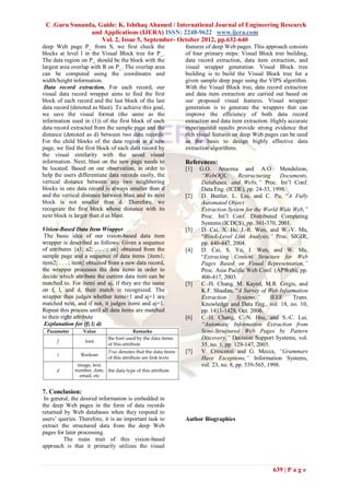C .Guru Sunanda, Guide: K. Ishthaq Ahamed / International Journal of Engineering Research
               and Applications (IJERA) ISSN: 2248-9622 www.ijera.com
                   Vol. 2, Issue 5, September- October 2012, pp.632-640
deep Web page P_ from S, we first check the             features of deep Web pages. This approach consists
blocks at level l in the Visual Block tree for P_.      of four primary steps: Visual Block tree building,
The data region on P_ should be the block with the      data record extraction, data item extraction, and
largest area overlap with R on P_. The overlap area     visual wrapper generation. Visual Block tree
can be computed using the coordinates and               building is to build the Visual Block tree for a
width/height information.                               given sample deep page using the VIPS algorithm.
 Data record extraction. For each record, our           With the Visual Block tree, data record extraction
visual data record wrapper aims to find the first       and data item extraction are carried out based on
block of each record and the last block of the last     our proposed visual features. Visual wrapper
data record (denoted as blast). To achieve this goal,   generation is to generate the wrappers that can
we save the visual format (the same as the              improve the efficiency of both data record
information used in (1)) of the first block of each     extraction and data item extraction. Highly accurate
data record extracted from the sample page and the      experimental results provide strong evidence that
distance (denoted as d) between two data records.       rich visual features on deep Web pages can be used
For the child blocks of the data region in a new        as the basis to design highly effective data
page, we find the first block of each data record by    extraction algorithms.
the visual similarity with the saved visual
information. Next, blast on the new page needs to       References:
be located. Based on our observation, in order to       [1]   G.O. Arocena and A.O. Mendelzon,
help the users differentiate data records easily, the         “WebOQL:         Restructuring    Documents,
vertical distance between any two neighboring                 Databases, and Webs,” Proc. Int’l Conf.
blocks in one data record is always smaller than d            Data Eng. (ICDE), pp. 24-33, 1998.
and the vertical distance between blast and its next    [2]   D. Buttler, L. Liu, and C. Pu, “A Fully
block is not smaller than d. Therefore, we                    Automated Object
recognize the first block whose distance with its             Extraction System for the World Wide Web,”
next block is larger than d as blast.                         Proc. Int’l Conf. Distributed Computing
                                                              Systems (ICDCS), pp. 361-370, 2001.
Vision-Based Data Item Wrapper                          [3]   D. Cai, X. He, J.-R. Wen, and W.-Y. Ma,
 The basic idea of our vision-based data item                 “Block-Level Link Analysis,” Proc. SIGIR,
wrapper is described as follows: Given a sequence             pp. 440-447, 2004.
of attributes {a1; a2; . . . ; an} obtained from the    [4]   D. Cai, S. Yu, J. Wen, and W. Ma,
sample page and a sequence of data items {item1;              “Extracting Content Structure for Web
item2; . . . ; item} obtained from a new data record,         Pages Based on Visual Representation,”
the wrapper processes the data items in order to              Proc. Asia Pacific Web Conf. (APWeb), pp.
decide which attribute the current data item can be           406-417, 2003.
matched to. For itemi and aj, if they are the same      [5]   C.-H. Chang, M. Kayed, M.R. Girgis, and
on f, l, and d, their match is recognized. The                K.F. Shaalan, “A Survey of Web Information
wrapper then judges whether itemi+1 and aj+1 are              Extraction      Systems,”     IEEE    Trans.
matched next, and if not, it judges itemi and aj+1.           Knowledge and Data Eng., vol. 18, no. 10,
Repeat this process until all data items are matched          pp. 1411-1428, Oct. 2006.
to their right attribute                                [6]   C.-H. Chang, C.-N. Hsu, and S.-C. Lui,
 Explanation for (f; l; d)                                    “Automatic Information Extraction from
                                                              Semi-Structured Web Pages by Pattern
                                                              Discovery,” Decision Support Systems, vol.
                                                              35, no. 1, pp. 129-147, 2003.
                                                        [7]   V. Crescenzi and G. Mecca, “Grammars
                                                              Have Exceptions,” Information Systems,
                                                              vol. 23, no. 8, pp. 539-565, 1998.



7. Conclusion:
 In general, the desired information is embedded in
the deep Web pages in the form of data records
returned by Web databases when they respond to
users’ queries. Therefore, it is an important task to   Author Biographies
extract the structured data from the deep Web
pages for later processing.
         The main trait of this vision-based
approach is that it primarily utilizes the visual



                                                                                             639 | P a g e
 