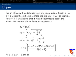 Background and Project Description Line Ellipse Rectangle Future Work
General Problem
Ellipse
For an ellipse with unital major axis and minor axis of length a (so
a < 1), note that it becomes more line-like as a ! 0. For example,
for n = 3, if we assume that it must be symmetric about the
x-axis, the solution can be found to be points at
p1 = (a, 0)
p2 = x,
r
1
⇣x
a
⌘2
!
p3 = x,
r
1
⇣x
a
⌘2
!
x = a
"
a2 + 3
p
25a4 18a2 + 9
6 (a2 1)
#
As a ! 0, x ! 0 and so
 