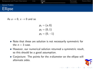 Background and Project Description Line Ellipse Rectangle Future Work
General Problem
Ellipse
As a ! 0, x ! 0 and so
p1 = (a, 0)
p2 = (0, 1)
p3 = (0, 1)
Note that these are solution is not necessarily symmetric for
the n = 3 case.
However, our numerical solution returned a symmetric result,
so this should be a good assumption.
Conjecture: The points for the n-diameter on the ellipse will
alternate sides.
 