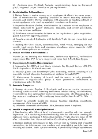 iii) Customer data, Feedback Analysis, troubleshooting, focus on downward
graph, suggested proper resolution as per requirements.
2) Administration & Operations :
i) Liaison between senior management, employees & clients to ensure proper
lines of communication regarding problems & issues requiring immediate
attention and resolve. Provide employees with guidance in handling difficult or
complex problems or in resolving escalated complaints or disputes.
ii) Supervise the work of office, administrative, or customer service employees to
ensure adherence to quality standards, deadlines, and proper procedures,
correcting errors or problems.
iii) Purchases printed materials & forms as per requirements, price negotiation,
quality & delivery, approving invoice.
iv) Branch setup, deed finalization with landlord, Trade License related jobs and
renewals.
v) Booking the Guest house, accommodation, hotel, venue, arranging for any
specific requirements, foods and beverages, attendance, venue payments , LOC
sign and follow-up for entire event etc.
3) Human Resource & Procurement :
Provide On Job Training with Assessment, Performance Appraisal, Performance
Improvement Plan (PIP) for new employees of entire East & North East Region.
4) Maintenance, Security, Housekeeping :
i) Responsible for AMC’s & their timely renewals. For Firewall, Server, UPS, PC,
Fire Extinguishers, Air Conditioners etc.
ii) Security guards and housekeeper jobs monitoring, random sampling of all
materials, control, allocation & recruitment, vigilance through CCTV.
Iii) Maintenance & upkeep of branch and its assets, security protocols,
compliance to organizational policy & work procedures, instructions &
organizational policy to Staff.
5) Accounts & reports :
i) Manage Accounts Payable / Receivable and expense control procedures
including purchase order, inventory verification, rebates billing, reconciliations,
responsible for Cost optimization and profit maximization etc. Managing day to
day expenses, purchase of office stationary items, staff welfare, local T.A. Bills
etc.
ii) Timely & accurate month-end closing, financial reporting, escalations,
management of the issues with HO.
iii) Maintain the records of vouchers , bills,Statutory books & registers.
6) Vendor Management, Cost Optimization :
i) Coordinating with different local vendors/service provider selection, control,
negotiation , SLA monitoring & troubleshooting. New and old vendor checking for
applicable taxes, packaging & forwarding charges, Freight charges, issue of PO
after confirmation from higher authorities, Coordinating with accounts dept.
ii) Improve portfolio performance by 22% over an year by refining cost of capital
calculations for information poor markets and re-weighting portfolio base on
resulting valuations. Boost up the credibility & profitability simply optimization
Page 2 of 5
 