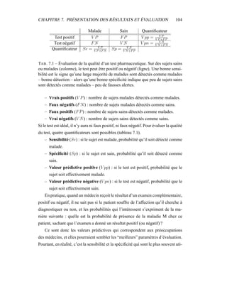 CHAPITRE 7. PRÉSENTATION DES RÉSULTATS ET ÉVALUATION 104
Malade Sain Quantiﬁcateur
Test positif V P FP V pp = V P
V P+FP
Test négatif FN V N V pn = V N
V N+FN
Quantiﬁcateur Se = V P
V P+FN
Sp = V N
V N+FP
TAB. 7.1 – Évaluation de la qualité d’un test pharmaceutique. Sur des sujets sains
ou malades (colonne), le test peut être positif ou négatif (ligne). Une bonne sensi-
bilité est le signe qu’une large majorité de malades sont détectés comme malades
– bonne détection – alors qu’une bonne spéciﬁcité indique que peu de sujets sains
sont détectés comme malades – peu de fausses alertes.
– Vrais positifs (V P) : nombre de sujets malades détectés comme malades.
– Faux négatifs (FN) : nombre de sujets malades détectés comme sains.
– Faux positifs (FP) : nombre de sujets sains détectés comme malades.
– Vrai négatifs (V N) : nombre de sujets sains détectés comme sains.
Si le test est idéal, il n’y aura ni faux positif, ni faux négatif. Pour évaluer la qualité
du test, quatre quantiﬁcateurs sont possibles (tableau 7.1).
– Sensibilité (Se) : si le sujet est malade, probabilité qu’il soit détecté comme
malade.
– Spéciﬁcité (Sp) : si le sujet est sain, probabilité qu’il soit détecté comme
sain.
– Valeur prédictive positive (V pp) : si le test est positif, probabilité que le
sujet soit effectivement malade.
– Valeur prédictive négative (V pn) : si le test est négatif, probabilité que le
sujet soit effectivement sain.
En pratique, quand un médecin reçoit le résultat d’un examen complémentaire,
positif ou négatif, il ne sait pas si le patient souffre de l’affection qu’il cherche à
diagnostiquer ou non, et les probabilités qui l’intéressent s’expriment de la ma-
nière suivante : quelle est la probabilité de présence de la maladie M chez ce
patient, sachant que l’examen a donné un résultat positif (ou négatif) ?
Ce sont donc les valeurs prédictives qui correspondent aux préoccupations
des médecins, et elles pourraient sembler les “meilleurs” paramètres d’évaluation.
Pourtant, en réalité, c’est la sensibilité et la spéciﬁcité qui sont le plus souvent uti-
 