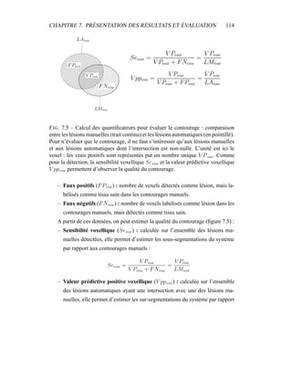CHAPITRE 7. PRÉSENTATION DES RÉSULTATS ET ÉVALUATION 114
 ¡ ¡ ¡ ¡ ¡ ¡ ¡ ¡ ¡ ¡ ¡ 
 ¡ ¡ ¡ ¡ ¡ ¡ ¡ ¡ ¡ ¡ ¡ 
 ¡ ¡ ¡ ¡ ¡ ¡ ¡ ¡ ¡ ¡ ¡ 
 ¡ ¡ ¡ ¡ ¡ ¡ ¡ ¡ ¡ ¡ ¡ 
 ¡ ¡ ¡ ¡ ¡ ¡ ¡ ¡ ¡ ¡ ¡ 
 ¡ ¡ ¡ ¡ ¡ ¡ ¡ ¡ ¡ ¡ ¡ 
 ¡ ¡ ¡ ¡ ¡ ¡ ¡ ¡ ¡ ¡ ¡ 
 ¡ ¡ ¡ ¡ ¡ ¡ ¡ ¡ ¡ ¡ ¡ 
 ¡ ¡ ¡ ¡ ¡ ¡ ¡ ¡ ¡ ¡ ¡ 
 ¡ ¡ ¡ ¡ ¡ ¡ ¡ ¡ ¡ ¡ ¡ 
¢¡¢¡¢¡¢¡¢¡¢¡¢¡¢¡¢¡¢¡¢¡¢
¢¡¢¡¢¡¢¡¢¡¢¡¢¡¢¡¢¡¢¡¢¡¢
¢¡¢¡¢¡¢¡¢¡¢¡¢¡¢¡¢¡¢¡¢¡¢
¢¡¢¡¢¡¢¡¢¡¢¡¢¡¢¡¢¡¢¡¢¡¢
¢¡¢¡¢¡¢¡¢¡¢¡¢¡¢¡¢¡¢¡¢¡¢
¢¡¢¡¢¡¢¡¢¡¢¡¢¡¢¡¢¡¢¡¢¡¢
¢¡¢¡¢¡¢¡¢¡¢¡¢¡¢¡¢¡¢¡¢¡¢
¢¡¢¡¢¡¢¡¢¡¢¡¢¡¢¡¢¡¢¡¢¡¢
¢¡¢¡¢¡¢¡¢¡¢¡¢¡¢¡¢¡¢¡¢¡¢
¢¡¢¡¢¡¢¡¢¡¢¡¢¡¢¡¢¡¢¡¢¡¢
FIG. 7.5 – Calcul des quantiﬁcateurs pour évaluer le contourage : comparaison
entre les lésions manuelles (trait continu) et les lésions automatiques (en pointillé).
Pour n’évaluer que le contourage, il ne faut s’intéresser qu’aux lésions manuelles
et aux lésions automatiques dont l’intersection est non-nulle. L’unité est ici le
voxel : les vrais positifs sont représentés par un nombre unique V Pvox. Comme
pour la détection, la sensibilité voxellique Sevox et la valeur prédictive voxellique
V ppvox permettent d’observer la qualité du contourage.
– Faux positifs (FPvox) : nombre de voxels détectés comme lésion, mais la-
bélisés comme tissu sain dans les contourages manuels.
– Faux négatifs (FNvox) : nombre de voxels labélisés comme lésion dans les
contourages manuels, mais détectés comme tissu sain.
A partir de ces données, on peut estimer la qualité du contourage (ﬁgure 7.5) :
– Sensibilité voxellique (Sevox) : calculée sur l’ensemble des lésions ma-
nuelles détectées, elle permet d’estimer les sous-segmentations du système
par rapport aux contourages manuels :
Sevox =
V Pvox
V Pvox + FNvox
=
V Pvox
LMvox
– Valeur prédictive positive voxellique (V ppvox) : calculée sur l’ensemble
des lésions automatiques ayant une intersection avec une des lésions ma-
nuelles, elle permet d’estimer les sur-segmentations du système par rapport
 