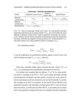 CHAPITRE 7. PRÉSENTATION DES RÉSULTATS ET ÉVALUATION 115
Contourage : calcul des quantiﬁcateurs
Voxels Labélisés comme lésion
Labélisés
comme sains
Quantiﬁcateur
Détectés
comme lésion
V Pvox FPvox V ppvox = V Pvox
V Pvox+FPvox
Détectés
comme sains
FNvox
Quantiﬁcateur Sevox = V Pvox
V Pvox+FNvox
TAB. 7.6 – Pour le contourage, l’unité est le voxel : les vrais positifs sont donc
représentés cette fois-ci par un unique nombre V Pvox, qui est le nombre de voxels
labélisés et détectés comme lésion. Seule la qualité du contourage est évaluée :
on ne s’intéresse qu’aux lésions manuelles et automatiques ayant une intersection
non-nulle. Parler de vrais négatifs n’a donc pas de sens ici : les faux positifs FPvox
sont donc évalués via la valeur prédictive positive voxellique V ppvox.
aux contourages manuels.
V ppvox =
V Pvox
V Pvox + FPvox
=
V Pvox
LAvox
A titre de comparaison, un quantiﬁcateur similaire, appelé similarity index a été
utilisé à la place du couple (Sevox, V ppvox) dans [4] :
Si =
2 ∗ V Pvox
2 ∗ V Pvox + FPvox + FNvox
Nous avons cependant préféré séparer l’examen des deux valeurs FNvox et
FPvox, et c’est pourquoi deux quantiﬁcateurs sont fournis au lieu d’un.
Les résultats sont visualisés dans les tableaux 7.7 et 7.8. La valeur prédic-
tive positive voxellique est de 70.4 % : 29.6 % de la charge lésionnelle calculée
automatiquement correspond à des faux positifs, en termes de voxels, parmi les
lésions automatiques ayant une intersection avec une lésion manuelle. La sensibi-
lité voxellique est de 40.4 % en moyenne. Si une érosion 2D est effectuée sur la
labélisation manuelle, cette sensibilité voxellique passe à 49.2 % ; pour les lésions
périventriculaires, ce chiffre passe de 50.0 à 68.0 %, ce qui montre que le système
tend à sous-segmenter la plupart des lésions. Les résultats sont donc perfectibles
 
