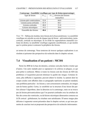 CHAPITRE 7. PRÉSENTATION DES RÉSULTATS ET ÉVALUATION 117
Contourage : Sensibilité voxellique par type de lésion (pourcentage)
Type de lésion Sevox Sevox (érosion des lésions
manuelles)
Lésions péri-ventriculaires 52.0 68.0
Lésions juxta-corticales 41.9 68.1
Lésions corticales 40.8 51.0
Lésions nécrotiques 19.2 20.4
Ensemble des lésions 40.4 49.2
TAB. 7.9 – Tableau de résultats, hors lésions de la fosse postérieure. La sensibilité
voxellique est calculée au sein de chaque type de lésion – périventriculaire, juxta-
corticale, corticale ou nécrotique. Si on érode les segmentations manuelles (co-
lonne de droite), la sensibilité voxellique augmente sensiblement, ce qui montre
que le système peine à contourer la périphérie des lésions.
en termes de contourage. Nous tenterons de trouver quelques explications à ces
résultats et présenter des perspectives de recherche dans le chapitre suivant.
7.4 Visualisation d’un patient : MCI01
Parmi les IRM de la base de données, certaines sont plus faciles à traiter que
d’autres. Une autre maladie peut se superposer à la sclérose en plaques, ce qui
peut prêter à confusion. Même si toutes les lésions sont des lésions de SEP, des
problèmes à l’acquisition peuvent diminuer la qualité des images. Certaines lé-
sions, plus difﬁciles à segmenter, peuvent altérer le résultat. Le patient dont les
coupes axiales sont afﬁchées dans ce paragraphe représente un patient standard,
sans problème particulier : les lésions y sont correctement contrastées, les images
sont de bonne qualité. Certes, la variabilité sur la structure d’une lésion fait par-
fois échouer l’algorithme, dans la détection ou le contourage ; mais on ne trouve
pas de lésions périventriculaires que l’on pourrait confondre avec les artefacts de
ﬂux des cornes des ventricules, ou de lésions nécrotiques démesurées connexes au
LCR cortical : globalement, les résultats sont satisfaisants. D’autres images plus
délicates à segmenter seront présentées dans le chapitre suivant, ce qui nous per-
mettra de conclure tout en proposant des perspectives de recherche intéressantes.
 