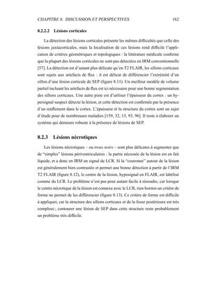 CHAPITRE 8. DISCUSSION ET PERSPECTIVES 162
8.2.2.2 Lésions corticales
La détection des lésions corticales présente les mêmes difﬁcultés que celle des
lésions juxtacorticales, mais la localisation de ces lésions rend difﬁcile l’appli-
cation de critères géométriques et topologiques : la littérature médicale conﬁrme
que la plupart des lésions corticales ne sont pas détectées en IRM conventionnelle
[57]. La détection est d’autant plus délicate qu’en T2 FLAIR, les sillons corticaux
sont sujets aux artefacts de ﬂux : il est délicat de différencier l’extrémité d’un
sillon d’une lésion corticale de SEP (ﬁgure 8.11). Un meilleur modèle de volume
partiel incluant les artefacts de ﬂux est ici nécessaire pour une bonne segmentation
des sillons corticaux. Une autre piste est d’utiliser l’épaisseur du cortex : un hy-
persignal suspect détecte la lésion, et cette détection est conﬁrmée par la présence
d’un renﬂement dans le cortex. L’épaisseur et la structure du cortex sont un sujet
d’étude pour de nombreuses maladies [159, 32, 13, 93, 96]. Il reste à élaborer un
système qui demeure robuste à la présence de lésions de SEP.
8.2.3 Lésions nécrotiques
Les lésions nécrotiques – ou trous noirs – sont plus délicates à segmenter que
de “simples” lésions périventriculaires : la partie nécrosée de la lésion est en fait
liquide, et a donc en IRM un signal de LCR. Si la “couronne” autour de la lésion
est généralement bien contrastée et permet une bonne détection à partir de l’IRM
T2 FLAIR (ﬁgure 8.12), le centre de la lésion, hyposignal en FLAIR, est labélisé
comme du LCR. Le problème n’est pas pour autant facile à résoudre, car lorsque
le centre nécrotique de la lésion est connexe avec le LCR, rien hormis un critère de
forme ne permet de les différencier (ﬁgure 8.13). Ce critère de forme est difﬁcile
à appliquer, car la structure des sillons corticaux et de la fosse postérieure est très
complexe ; contourer une lésion de SEP dans cette structure reste probablement
un problème très difﬁcile.
 