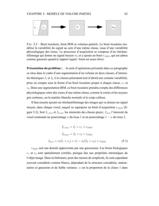 CHAPITRE 5. MODÈLE DE VOLUME PARTIEL 62
FIG. 5.2 – Bruit tissulaire, bruit IRM et volumes partiels. Le bruit tissulaire mo-
délise la variabilité du signal au sein d’une même classe, issue d’une variabilité
physiologique des tissus. Le processus d’acquisition se compose d’un rééchan-
tillonnage qui donne un signal moyen mt et y ajoute un bruit eIRM , qui est admis
comme gaussien quand le rapport signal / bruit est assez élevé.
Présentation du problème : la suite d’opérations présentée dans ce paragraphe
se situe dans le cadre d’une segmentation d’un volume en deux classes, d’intensi-
tés théoriques I1 et I2. Ces classes présentent tout d’abord une certaine variabilité,
prise en compte sous la forme d’un bruit tissulaire propre à chaque classe, e1 et
e2. Dans une segmentation IRM, ce bruit tissulaire prendra compte des différences
physiologiques entre des zones d’une même classe, comme le cortex et les noyaux
gris centraux, ou la matière blanche normale et le corps calleux.
Il faut ensuite ajouter un rééchantillonnage des images qui va donner un signal
moyen, dans chaque voxel, auquel se superpose un bruit d’acquisition eIRM (ﬁ-
gure 5.2). Soit I1,mes et I2,mes les intensités des classes pures ; Imes l’intensité du
voxel contenant un pourcentage α du tissu 1 et un pourcentage 1 − α du tissu 2.
I1,mes = I1 + e1 + eIRM
I2,mes = I2 + e2 + eIRM
Imes = α(I1 + e1) + (1 − α)(I2 + e2) + eIRM (5.1)
eIRM suit une densité approximée par une gaussienne. Les bruits biologiques
e1 et e2 sont spatialement corrélés, puisque dus aux propriétés intrinsèques de
l’objet imagé. Dans la littérature, pour des raisons de simplicité, ils sont cependant
souvent considérés comme blancs, dépendant de la structure considérée, station-
naires et gaussiens et de faible variance. α est la proportion de la classe 1 dans
 