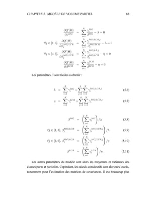 CHAPITRE 5. MODÈLE DE VOLUME PARTIEL 68
∂Q (Θ)
∂βMG
=
N
i=1
γMG
i
βMG
− λ = 0
∀j ∈ [1, 3],
∂Q (Θ)
∂β
MG/LCR
j
=
N
i=1
γ
MG/LCR,j
i
β
MG/LCR
j
− λ = 0
∀j ∈ [4, 6],
∂Q (Θ)
∂β
MG/LCR
j
=
N
i=1
γ
MG/LR,j
i
β
MG/LCR
j
− η = 0
∂Q (Θ)
∂βLCR
=
N
i=1
γLCR
i
βLCR
− η = 0
Les paramètres β sont faciles à obtenir :
λ =
N
i=1
γMG
i +
3
j=1
N
i=1
γ
MG/LCR,j
i (5.6)
η =
N
i=1
γLCR
i +
6
j=4
N
i=1
γ
MG/LCR,j
i (5.7)
βMG
=
N
i=1
γMG
i /λ (5.8)
∀j ∈ [1, 3], β
MG/LCR
j =
N
i=1
γ
MG/LCR,j
i /λ (5.9)
∀j ∈ [4, 6], β
MG/LCR
j =
N
i=1
γ
MG/LCR,j
i /η (5.10)
βLCR
=
N
i=1
γLCR
i /η (5.11)
Les autres paramètres du modèle sont alors les moyennes et variances des
classes pures et partielles. Cependant, les calculs consécutifs sont alors très lourds,
notamment pour l’estimation des matrices de covariances. Il est beaucoup plus
 