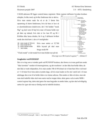 El-Teknik Af: Morten Grue Sørensen
Eksamens projekt 2007 3.Y – HTX -Sønderborg
Side 12 af 31
I RAM adressen 00 ligger control/status registeret. Dette register definerer hvordan kredsen
arbejder, hvilke mod, og hvilke funktioner der er aktive.
Hvis man starter nede fra så er de 3 første bits
opsætning af alarm funktionen, hvis de bare er lave så
er alarmfunktionen deaktiveret, det 3 bit hedder ”mask
flag” og skal være til høj hvis man vil kunne holde styr
på dato og måned, hvis den er lav kan 05 og 06 i
RAMen ikke læses direkte, bit 4 og 5 definerer hvilket
mode den skal køre i, der er 4 muligheder:
Hvis man sætter et 32.768
KHz krystal på skal man
bruge mode 00
”Clock mode” er det mode hvor man holdet styr på tid.
Oversigt over 00 Control register15 – billede12
Svagheder ved PCF8583P
Der er to ting som er mindre godt ved PCF8583P kredsen, den første er at man godt kan sende
”ikke korrekte” værdier til timerregistrene, og det resulterer i at den ikke kan holde tiden, da
den ikke er reale tidspunkter, hvis man sender 34h til 04 (timer) så vil den bare blive ved med
at +1 til timer hver time uden at ændre dage, så hvis man loader en for stor værdi ind i vil man
ødelægge den evne til at holde tiden over denne adresse. Den anden er ikke så slem, men når
man skal indstille tiden skal man starte med at stoppe tiden, dette gøres ved at sætte MSB i
control register høj, dette skal gøres før man begynder at ændre tiden, og den skal selvfølgelig
sættes lav igen når man er færdig med at indstille kredsen.
15
Fra PCF8583P-clock.pdf – Side 6 – kan findes på CD’en i mappen ”Datasheets”
 