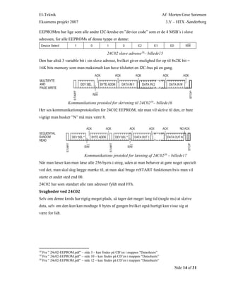 El-Teknik Af: Morten Grue Sørensen
Eksamens projekt 2007 3.Y – HTX -Sønderborg
Side 14 af 31
EEPROMen har lige som alle andre I2C-kredse en ”device code” som er de 4 MSB’s i slave
adressen, for alle EEPROMs af denne typpe er denne:
24C02 slave adresse18– billede15
Den har altså 3 variable bit i sin slave adresse, hvilket giver mulighed for op til 8x2K bit =
16K bits memory som man maksimalt kan have tilsluttet en I2C-bus på en gang.
Kommunikations protokol for skrivning til 24C0219– billede16
Her ses kommunikationsprotokollen for 24C02 EEPROM, når man vil skrive til den, er bare
vigtigt man husker ”N” må max være 8.
Kommunikations protokol for læsning af 24C0220 – billede17
Når man læser kan man læse alle 256 byets i streg, uden at man behøver at gøre noget specielt
ved det, man skal dog lægge mærke til, at man skal bruge reSTART funktionen hvis man vil
starte et andet sted end 00.
24C02 har som standart alle ram adresser fyldt med FFh.
Svagheder ved 24C02
Selv om denne kreds har rigtig meget plads, så tager det meget lang tid (nogle ms) at skrive
data, selv om den kun kan modtage 8 bytes af gangen hvilket også hurtigt kan visse sig at
være for lidt.
18
Fra ” 24c02-EEPROM.pdf” – side 3 – kan findes på CD’en i mappen ”Datasheets”
19
Fra ” 24c02-EEPROM.pdf” – side 10 – kan findes på CD’en i mappen ”Datasheets”
20
Fra ” 24c02-EEPROM.pdf” – side 12 – kan findes på CD’en i mappen ”Datasheets”
 