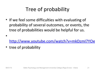 Tree of probability
• If we feel some difficulties with evaluating of
probability of several outcomes, or events, the
tree of probabilities would be helpful for us.
•
http://www.youtube.com/watch?v=mkDzmI7YOx0
• tree of probability
08/31/15 Baltic Psychology and Management University College (Riga) Dr.biol. I.Kalva 21
 