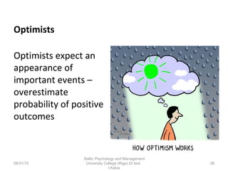 Оptimists
Optimists expect an
appearance of
important events –
overestimate
probability of positive
outcomes
08/31/15
Baltic Psychology and Management
University College (Riga) Dr.biol.
I.Kalva
38
 