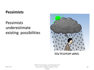 Pessimists
Pessimists
underestimate
existing possibilities
08/31/15
Baltic Psychology and Management
University College (Riga) Dr.biol.
I.Kalva
39
 