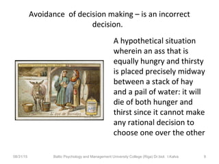 Avoidance of decision making – is an incorrect
decision.
A hypothetical situation
wherein an ass that is
equally hungry and thirsty
is placed precisely midway
between a stack of hay
and a pail of water: it will
die of both hunger and
thirst since it cannot make
any rational decision to
choose one over the other
08/31/15 Baltic Psychology and Management University College (Riga) Dr.biol. I.Kalva 9
 