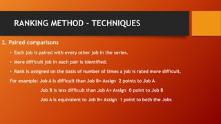 RANKING METHOD - TECHNIQUES
2. Paired comparisons
• Each job is paired with every other job in the series.
• More difficult job in each pair is identified.
• Rank is assigned on the basis of number of times a job is rated more difficult.
For example: Job A is difficult than Job B= Assign 2 points to Job A
Job B is less difficult than Job A= Assign 0 point to Job B
Job A is equivalent to Job B= Assign 1 point to both the Jobs
 