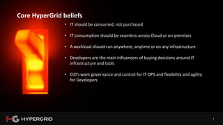 1
Core HyperGrid beliefs
• IT should be consumed, not purchased
• IT consumption should be seamless across Cloud or on-premises
• A workload should run anywhere, anytime or on any infrastructure
• Developers are the main influencers of buying decisions around IT
infrastructure and tools
• CIO’s want governance and control for IT OPS and flexibility and agility
for Developers
 