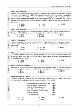 ANALIZA

I LEHTË

62.

Çmimi i tregut për aksion
Kompania Charleston është një firmë relativisht e vogël e zotëruar privatisht. Vitin e kaluar, fitimi pas

tatimit për këtë kompani ishte $15.000 dhe në qarkullim ishin 10.000 aksione. Aksionerët po përpiqen
të përcaktojnë vlerën ekuilibër të tregut për aksionin e firmës, përpara se ta kuotojnë kompaninë në
mënyrë publike. Një firmë e ngjashme, por që zotërohet publikisht, ka një raport P/E prej 5,0, Duke
përdorur vetëm informacionin e dhënë, vlerësoni vlerën e tregut për një aksion të kapitalit të
Charleston.



I LEHTË

63.

I LEHTË
I LEHTË
I LEHTË



$10,00

$133,32
$166,67




$10,00



Llogaritë e arkëtueshme
Nëse koorporata Boyd ka shitje prej $2 milionë në vit (të gjitha me kredi) dhe periudha mesatare e

arkëtimit është 35 ditë, cila është shuma mesatare me të cilën do të shfaqen në bilanc llogaritë e
arkëtueshme?
$194.444
$285.714



$57.143
$97.222




$5.556



ROA

Një firmë ka një fitim marxhinal prej 15% mbi shitjet të cilat janë $20.000.000. Nëse firma ka borxh
$7.500.000, aktive totalë prej $22.500.000 dhe një kosto interesi pas tatimit mbi borxhin prej 5%,
sa është ROA për këtë firmë?


15,1%
10,9%




12,0%
13,3%



8,4%

Raporti i mbulimit të interesave
Culver Inc. ka një fitim pas interesit dhe përpara tatimit prej $300. Raporti i mbulimit të interesit
përpara tatimit për këtë kompani është 7,00. Llogarisni shpenzimet e interesit që paguan kompania.



$42,86
$50,00

$40,00
$60,00




$57,93



Ndryshimet në flukset e arkës

Përcaktoni rritjen ose rënien në arkë për Rinky Supply Company për vitin e kaluar, mbi bazën e
informacionit që vijon. (Supozoni që nuk ka ndodhur asnjë ndryshim tjetër)
Rënie në letrat me vlerë të tregtueshme
Rritje në llogaritë e arkëtueshme
Rritje në dëftesat e pagueshme
Rënie në llogaritë e pagueshme
Rritje në pagat dhe tatimet e shtyrë
Rritje në inventarë
Fitimi i pashpërndarë

MESATAR

67.



$33,33
$75,00





66.

$5,00
$2,50



Ju është dhënë informacioni në vijim: kapitali aksioner = $1.250; raporti P/E = 5; aksione në qarkullim =
25; raporti P/BV = 1,5. Llogarisni çmimim e tregut për aksion të kapitalit të kësaj kompanie.



65.

$1,50
$7,50

Çmimi i tregut për aksion



64.

E PASQYRAVE FINANCIARE




- $50
+$40




- 22 -

- $30
+$20

= $25
= $50
= $30
= $20
= $15
= $35
= $5


-$10

 