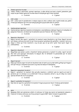 ANALIZA

I LEHTË

10.

I LEHTË

11.

I LEHTË

12.

I LEHTË

13.

Flukset operativë të arkës

Taksat, fondet e amortizimit, parimet raportues, si edhe shitjet me kredi e kostot jomonetare janë
arsyet se pse flukset operativë të arkës mund të ndryshojnë nga fitimet kontabël.


I LEHTË
I LEHTË
I LEHTË

16.



I LEHTË
I LEHTË

18.

E gabuar

E vërtetë



E gabuar

Analiza përmes raporteve

Analiza përmes raporteve konsiston në krahasimin e marrëdhënieve ndërmjet llogarive të ndryshme të
pasqyrave financiare, në mënyrë që të analizohet pozicioni financiar dhe forca e firmës.


E vërtetë



E gabuar

Raportet e likuiditetit

Raporti korrent dhe raporti i qarkullimit të inventarit masin likuiditetin e një firme. Raporti korrent
mat lidhjen e aktiveve korrentë të një firme me pasivet qarkullues dhe qarkullimi i inventarit mat se sa
shpejt e kthen një firmë inventarin e saj në para apo në një aktiv tjetër likuid (p.sh: llogari të
arkëtueshme).
E vërtetë



E gabuar

Raportet e likuiditetit

Megjithëse një analizë e plotë e likuiditetit kërkon përdorimin e buxhetit të arkës, raporti korrent
dhe testi acid sigurojnë instrumenta të shpejtë dhe të lehtësisht të përdorshëm për të matur
pozicionin likuid të një firme.
E vërtetë



E gabuar

Raporti korrent

Nëse një firmë ka raport të lartë të likuiditetit dhe të testit acid, ky fakt është gjithnjë një tregues i
mirë që firma po e menaxhon pozicionin e saj likuid në mënyrë të kënaqshme.


E vërtetë



E gabuar

Raportet e menaxhimit të aktivit

Raporti i qarkullimit të inventarit dhe periudha mesatare e arkëtimit janë dy raporte që mund të
përdoren për të vlerësuar se sa efektivisht firma po menaxhon aktivet e saj në lidhje me nivelet
operues aktualë dhe ata të projektuar.


17.



Cikli i arkës mund të përshkruhet si mënyra sipas së cilës e ardhura neto rrjedh brenda ose jashtë
firmës (që nënkupton një fitim ose humbje) përgjatë një periudhe kohe të caktuar.



15.

E vërtetë

Cikli i arkës



14.

E PASQYRAVE FINANCIARE

E vërtetë



E gabuar

Raporti i qarkullimit të inventarit

Një rënie në raportin e qarkullimit të inventarit tregon që pozicioni likuid i firmës po përmirësohet.


E vërtetë



E gabuar

ROA

Meqënëse ROA mat përdorimin efektiv të aktiveve të firmës (pa marrë në konsideratë mënyrën e
financimit të këtyre aktiveve), dy firma që kanë të njëjtin EBIT duhet të kenë të njëjtën ROA.


E vërtetë



- 14 -

E gabuar

 
