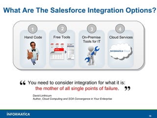 What Are The Salesforce Integration Options? Cloud Services On-Premise  Tools for IT 3 4 Hand Code You need to consider integration for what it is:  the mother of all single points of failure . “ ” David Linthicum Author,  Cloud Computing and SOA Convergence in Your Enterprise Free Tools 2 1 