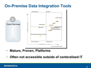 Mature, Proven, Platforms Often not accessible outside of centeralized IT On-Premise Data Integration Tools Cloud Services 3 