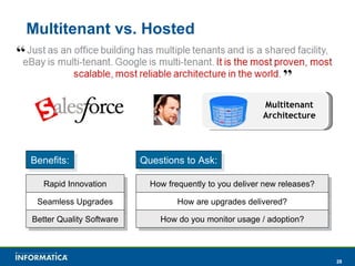 Multitenant vs. Hosted Multitenant Architecture Benefits: Rapid Innovation Seamless Upgrades Better Quality Software Questions to Ask: How frequently to you deliver new releases? How are upgrades delivered? How do you monitor usage / adoption? 
