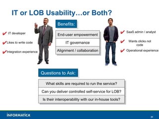 IT or LOB Usability…or Both? IT developer Likes to write code Integration experience Benefits: End-user empowerment IT governance Alignment / collaboration Questions to Ask: What skills are required to run the service? Can you deliver controlled self-service for LOB? Is their interoperability with our in-house tools? SaaS admin / analyst Wants clicks not code Operational experience 
