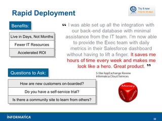 Rapid Deployment Benefits: Live in Days, Not Months Fewer IT Resources Accelerated ROI Questions to Ask: How are new customers on-boarded? Do you have a self-service trial? Is there a community site to learn from others? 