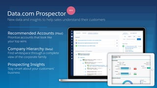 Recommended Accounts (Pilot)
Prioritize accounts that look like
your top wins
Company Hierarchy (Beta)
Find whitespace through a complete
view of the corporate family
Prospecting Insights
Stay smart about your customers’
business
Data.com Prospector
New data and insights to help sales understand their customers
NEW
 