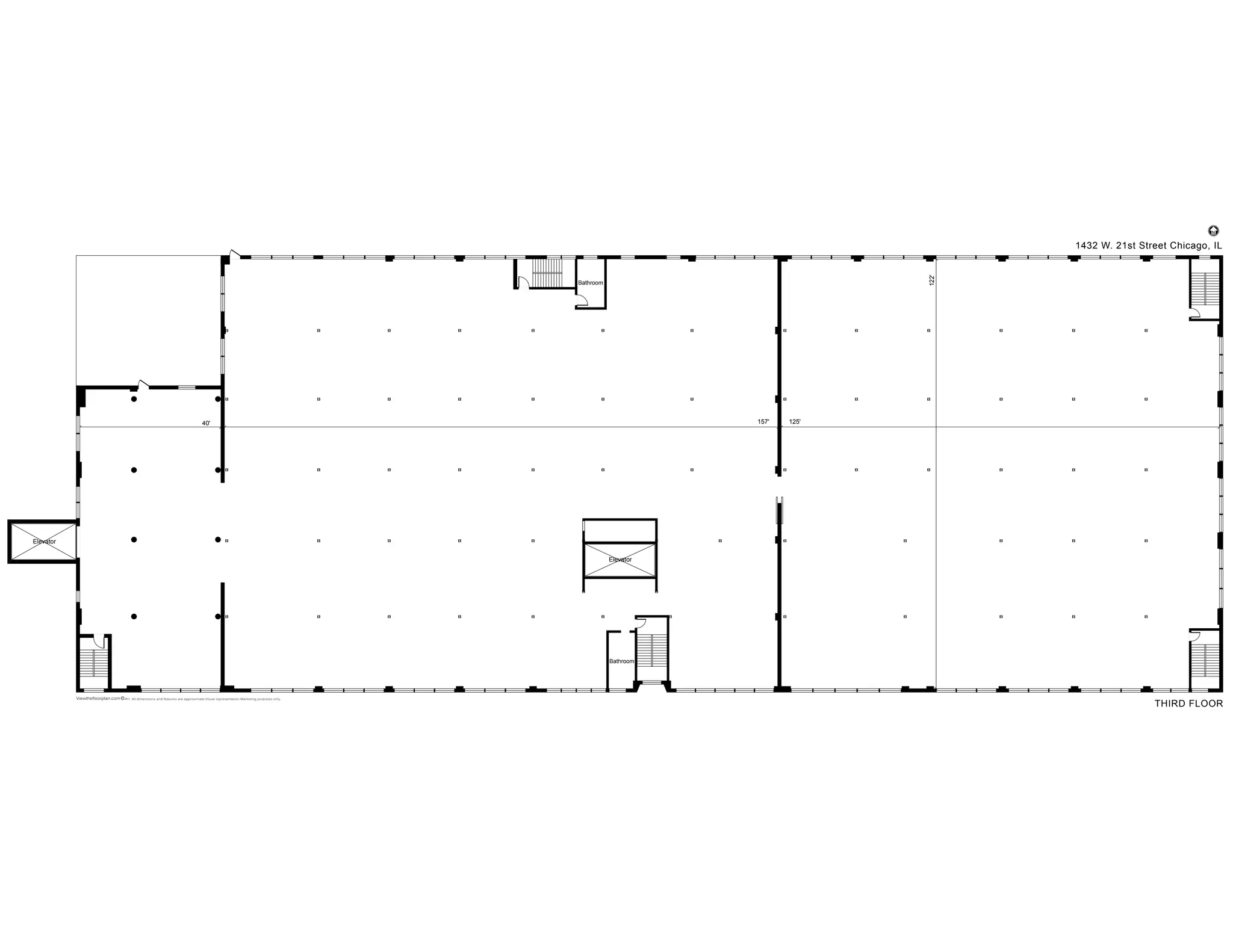 125'
122'
157'40'
Bathroom
Elevator
Elevator
Bathroom
1432 W. 21st Street Chicago, IL
THIRD FLOOR
N
All dimensions and features are approximate.Visual representation.Marketing purposes only.2011Viewthefloorplan.com
Estimated Approximate Square
Footage = 38,600
 