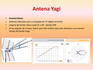 Antena Yagi
• Características
• Antenas indicadas para a recepção da TV digital terrestre
• Largura de banda típica canal 21 a 69 - Banda UHF
• Array angular de 3 eixos, fazem que esta antena seja mais directiva e ao mesmo
tempo de banda larga
 