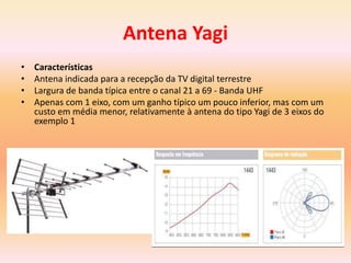 • Características
• Antena indicada para a recepção da TV digital terrestre
• Largura de banda típica entre o canal 21 a 69 - Banda UHF
• Apenas com 1 eixo, com um ganho típico um pouco inferior, mas com um
custo em média menor, relativamente à antena do tipo Yagi de 3 eixos do
exemplo 1
Antena Yagi
 