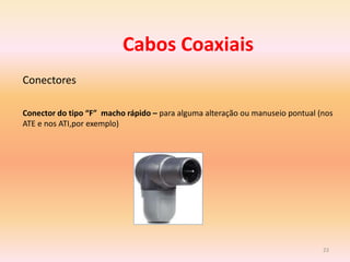 23
Cabos Coaxiais
Conectores
Conector do tipo “F” macho rápido – para alguma alteração ou manuseio pontual (nos
ATE e nos ATI,por exemplo)
 